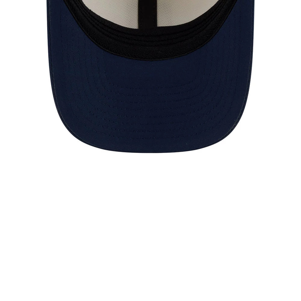Patriots NFL Training 2026 White New Era 39THIRTY M-Crown Stretch Fit Cap, inside view showing the navy blue undervisor, black sweatband along the edge, and white interior crown with black taping running from front to back.