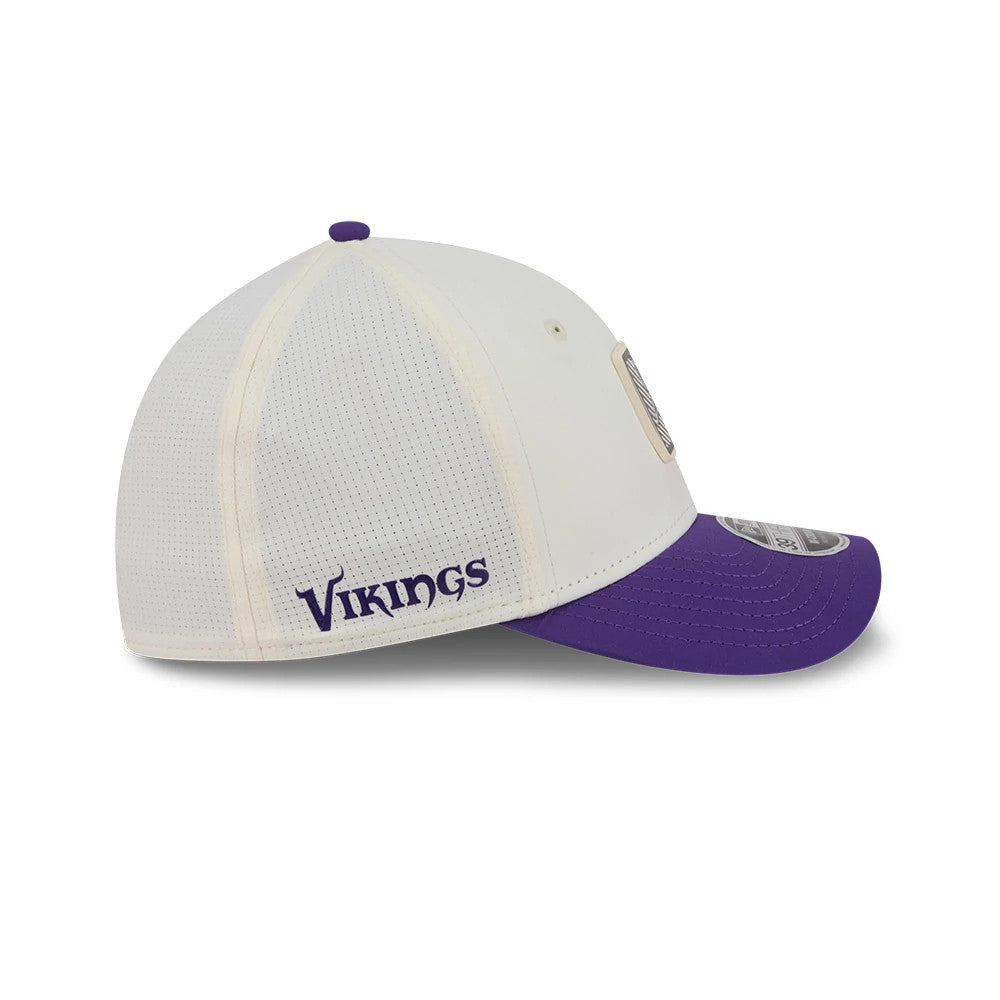 Pictured is this NFL Training 2026 Minnesota Vikings 39THIRTY M-Crown Stretch Fit cap in white. 4