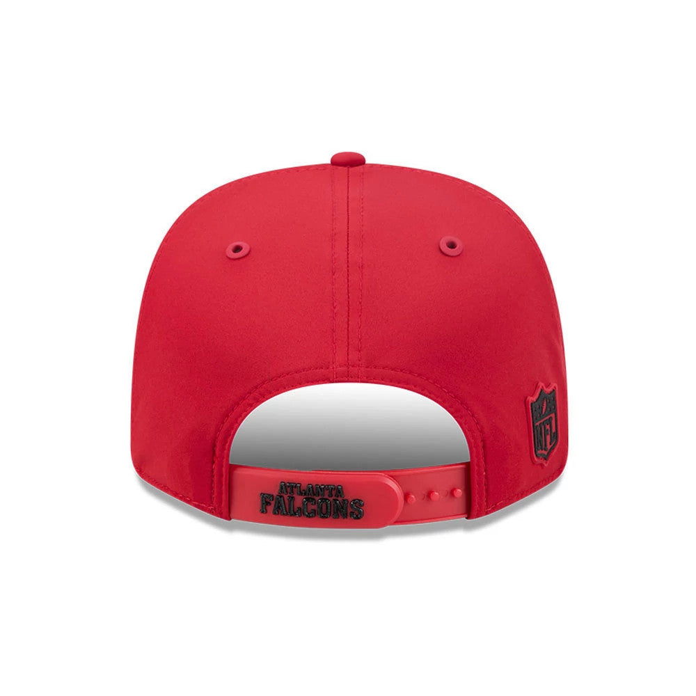 Falcons NFL Sideline 2026 Red New Era 9SEVENTY Stretch Snap Adjustable Cap, rear view featuring the embroidered black Atlanta Falcons text logo on the red adjustable snap closure, with the NFL shield logo on the lower right side panel.
