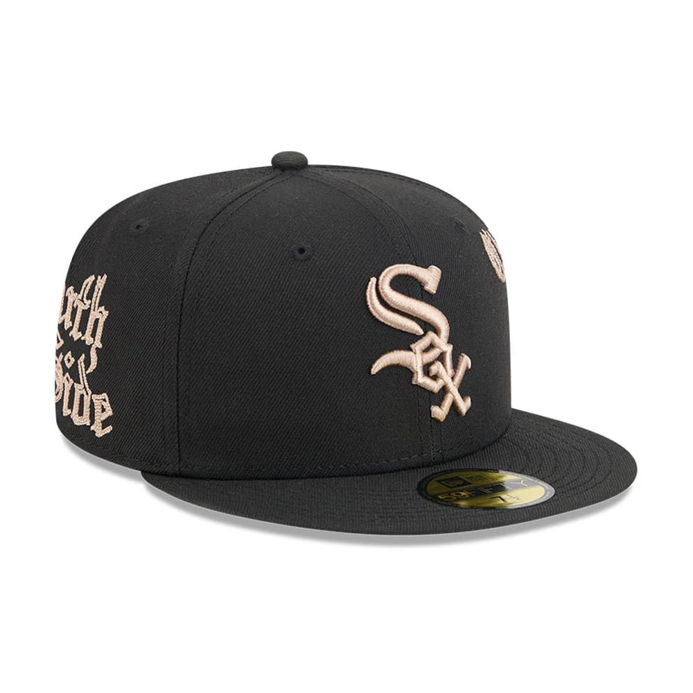 Chicago White Sox MLB Heritage Black New Era 59FIFTY Fitted Cap, three-quarter view showing raised cream embroidery on the front panel with the team logo, flat black visor, and an embroidered North Side script on the side panel.