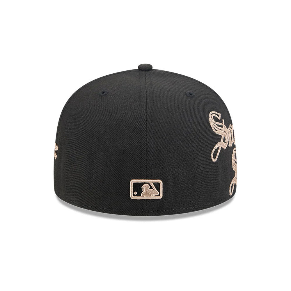 Chicago White Sox MLB Heritage Black New Era 59FIFTY Fitted Cap, rear view showing the pink embroidered MLB Batterman logo at the centre and script lettering across the back panels on the black structured crown.