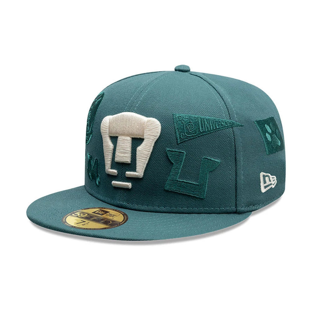 Pumas Unam Liga MX All Over Dark Green New Era 59FIFTY Fitted Cap, three-quarter view showing large beige embroidered Pumas logo on the front panel, various dark green patches across the crown, and New Era flag logo on the left side.