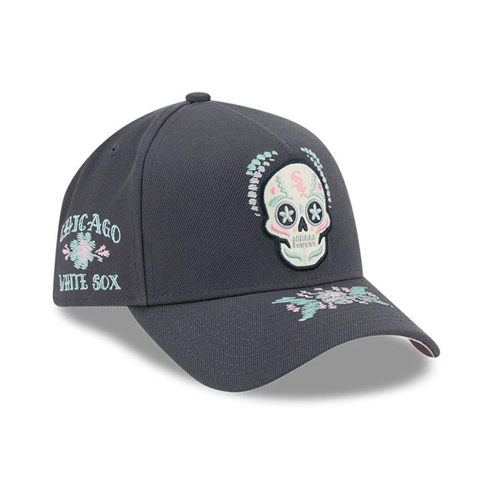Chicago White Sox MLB Day Of The Dead Grey New Era 9FORTY A-Frame Adjustable Cap, front view showing an intricately embroidered skull design with pastel accents on the structured grey crown, pink floral details on the visor, and side team branding.
