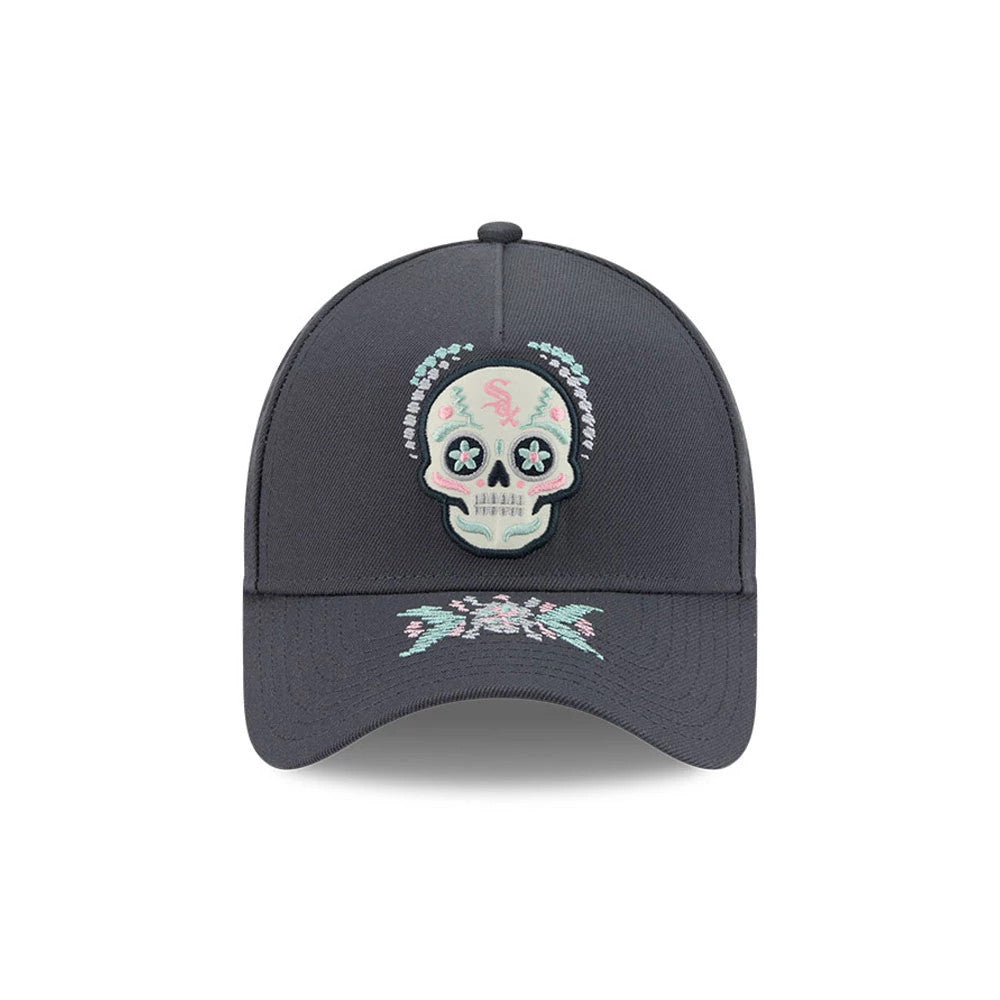 Chicago White Sox MLB Day Of The Dead Grey New Era 9FORTY A-Frame Adjustable Cap, front view showing a large embroidered sugar skull design with pastel accents on the front panel and matching decorative details on the grey curved visor.
