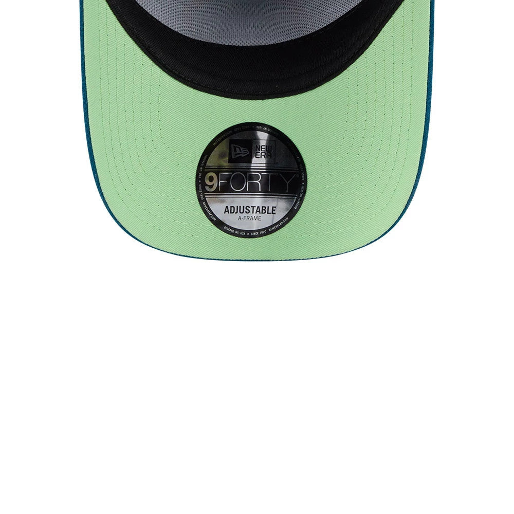 LA Dodgers MLB Day Of The Dead Blue New Era 9FORTY A-Frame Adjustable Cap, inside view showing a black sweatband, grey interior panels, and a prominent 9FORTY size sticker on the green undervisor, adding a unique touch.