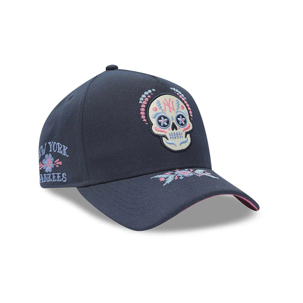 Yankees MLB Day Of The Dead Dark Blue New Era 9FORTY A-Frame Adjustable Cap, three-quarter view showing a large embroidered sugar skull design on the dark blue front panel, floral embroidery on the visor.