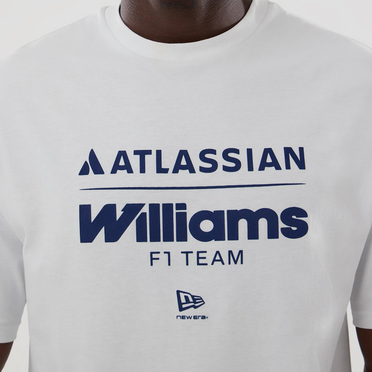 New Era Williams White Oversized T-Shirt, front view showing navy AT&T and Williams F1 Team logos printed centrally, with a smaller navy New Era logo printed below, on a clean white background.