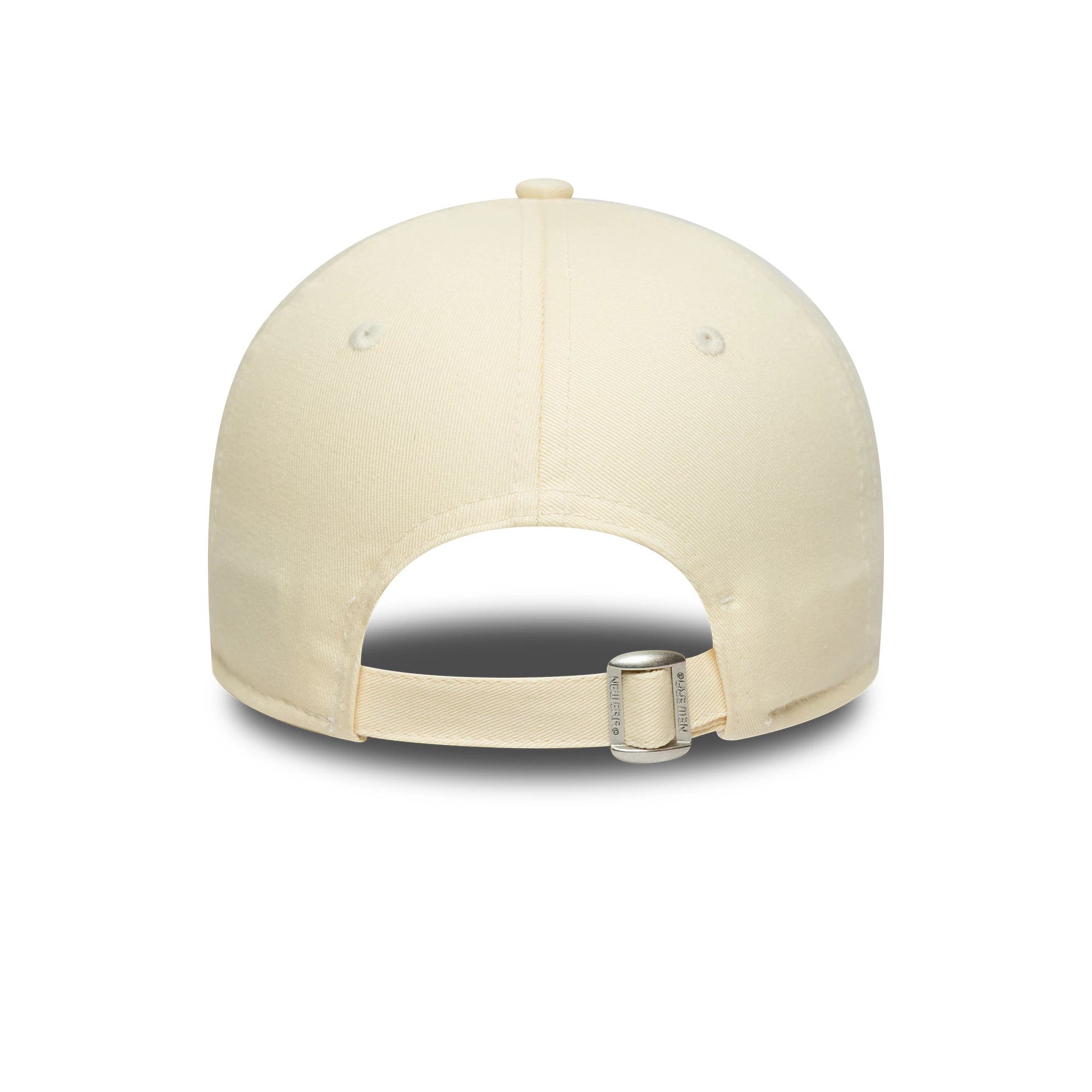Womens Lacoste X New Era Light Beige 9FORTY Adjustable Cap, rear view showing an arched opening at the back with a light beige strap and silver-coloured buckle for size adjustment, set on a structured light beige crown with eyelets.
