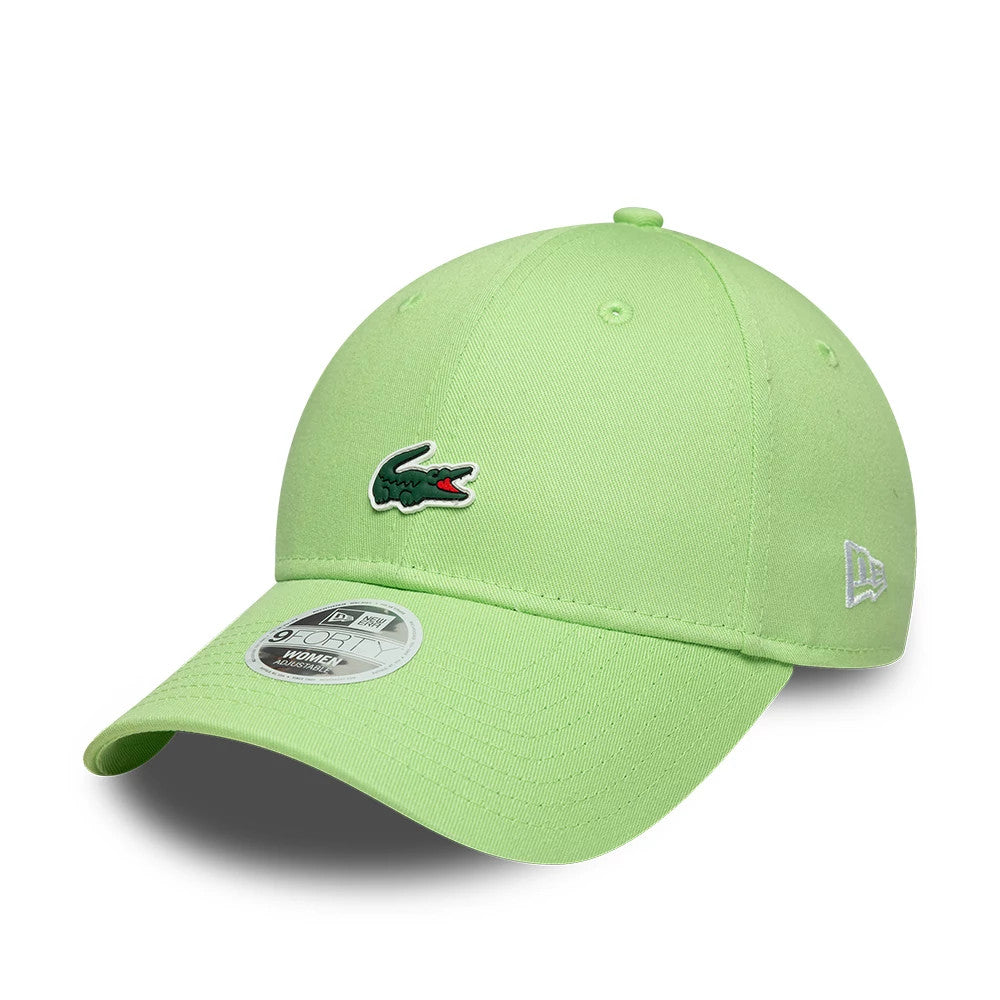 Womens Lacoste X New Era Pastel Green 9FORTY Adjustable Cap, front view showing the raised embroidered green Lacoste crocodile logo on the front panel, curved pastel green visor with a 9FORTY size sticker.
