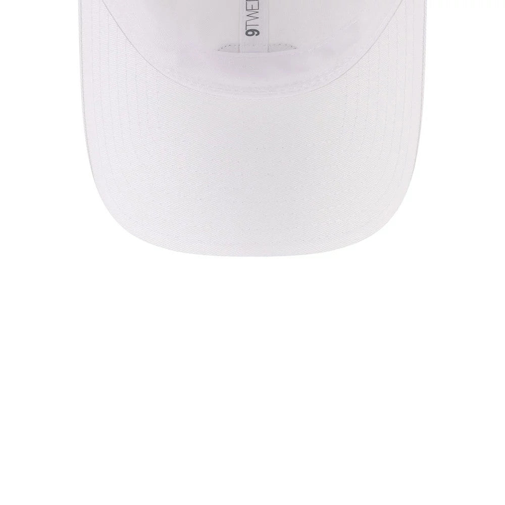 Lacoste X New Era Golf Flag White 9TWENTY Adjustable Cap, inside view showing the white undervisor with interior stitching, a soft white sweatband encircling the interior, and New Era branding on the taping running across the crown.