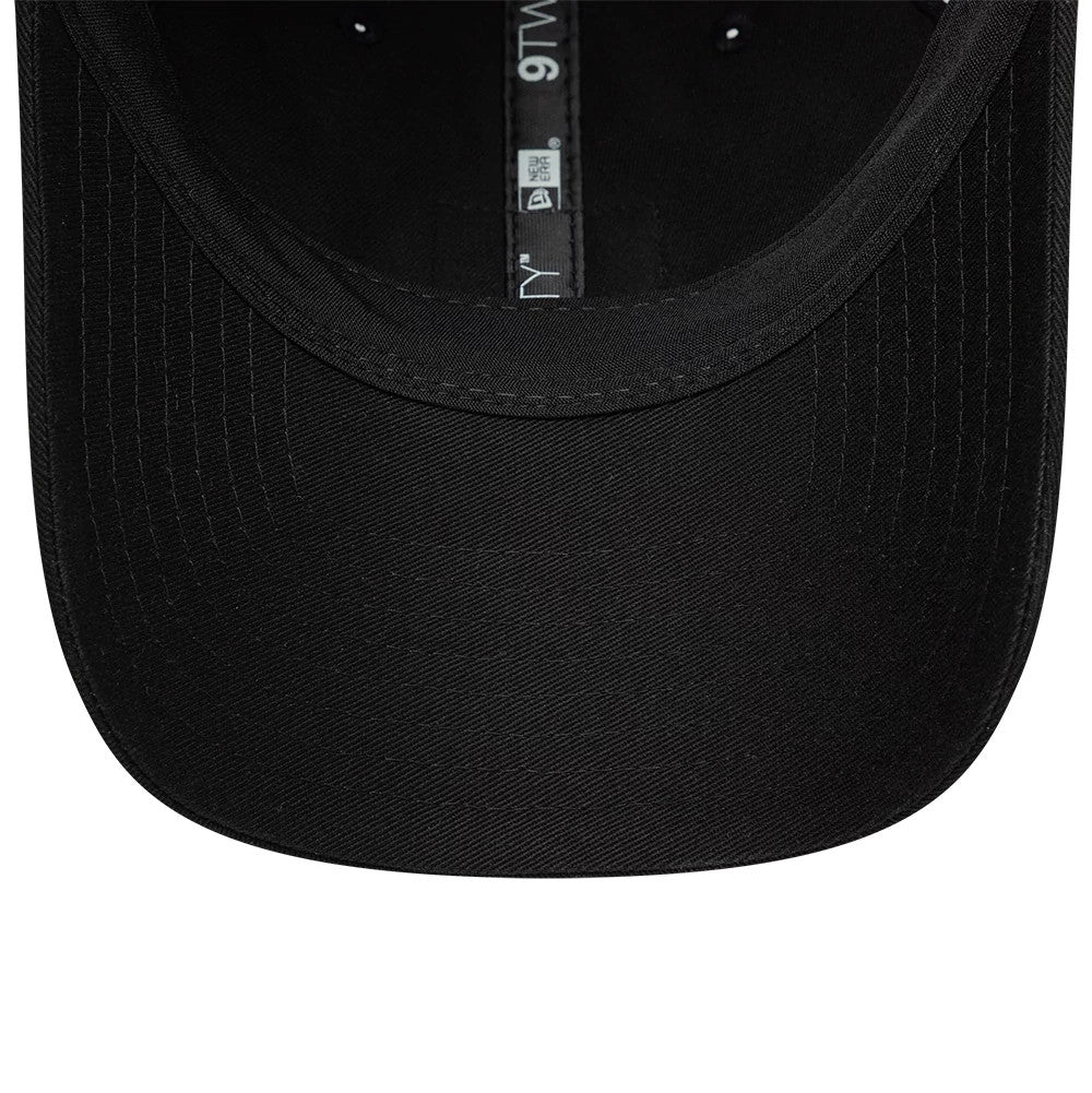 Lacoste X New Era Black 9TWENTY Adjustable Cap, inside view showing the black undervisor with detailed stitching, along with a black sweatband and internal taping featuring New Era and size labelling.