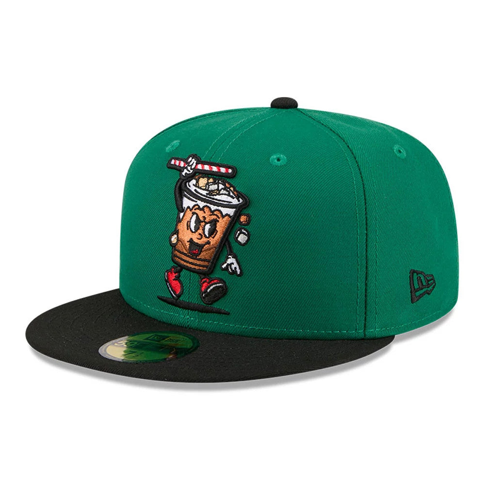 Reading Fightin Phils MiLB Theme Night Green New Era 59FIFTY Fitted Cap, three-quarter view showing a cartoon beverage character embroidered on the front panel, with a black flat visor, gold 59FIFTY size sticker.