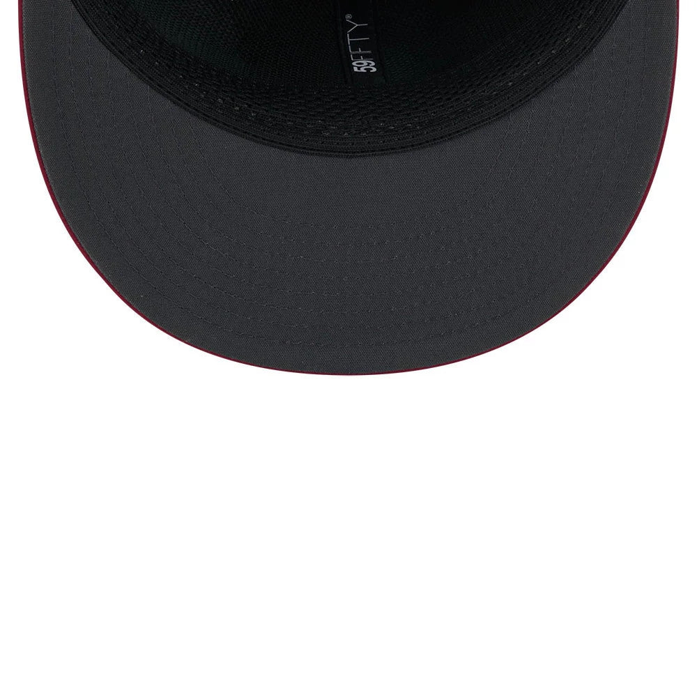 Washington Commanders NFL Sideline 2026 Dark Red New Era 59FIFTY Fitted Cap, inside view showing a black undervisor with red edging, branded taping along the inner seamed perimeter, and a black sweatband for comfort and fit.