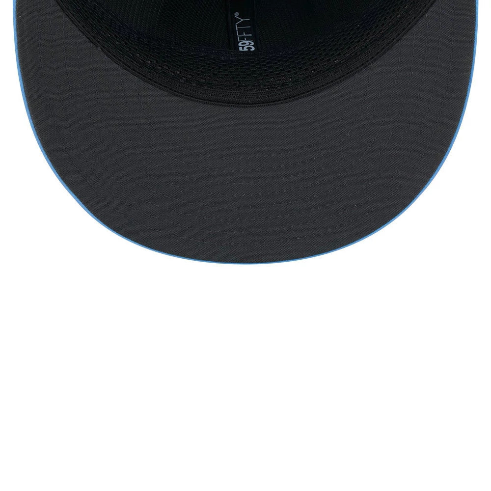 Tennessee Titans NFL Sideline 2026 Pastel Blue New Era 59FIFTY Fitted Cap, inside view showing the black sweatband, official 59FIFTY taping along the centre, and a black undervisor with a pastel blue edge highlight.