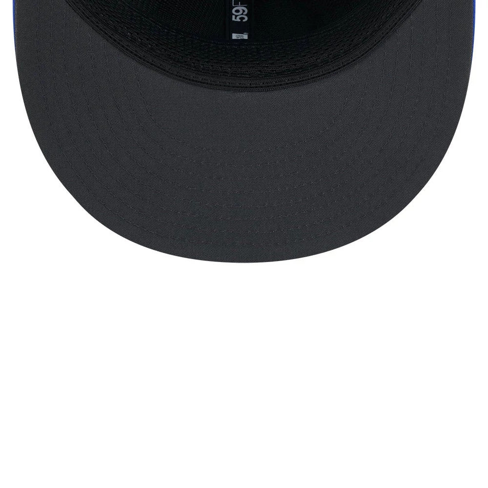 LA Rams NFL Sideline 2026 Blue New Era 59FIFTY Fitted Cap, inside view showing a black undervisor with stitching, a black sweatband along the edge, and the black taping running down the centre featuring the 59FIFTY logo.