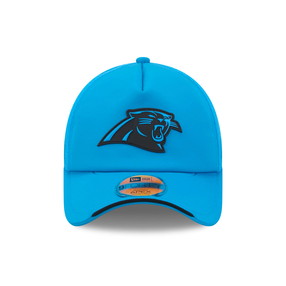 Carolina Panthers NFL Sideline 2026 Blue New Era 9FORTY Apex Adjustable Cap, front view showing the black embroidered panther logo on the front panel, a structured blue crown, and a 9FORTY size sticker on the curved visor.