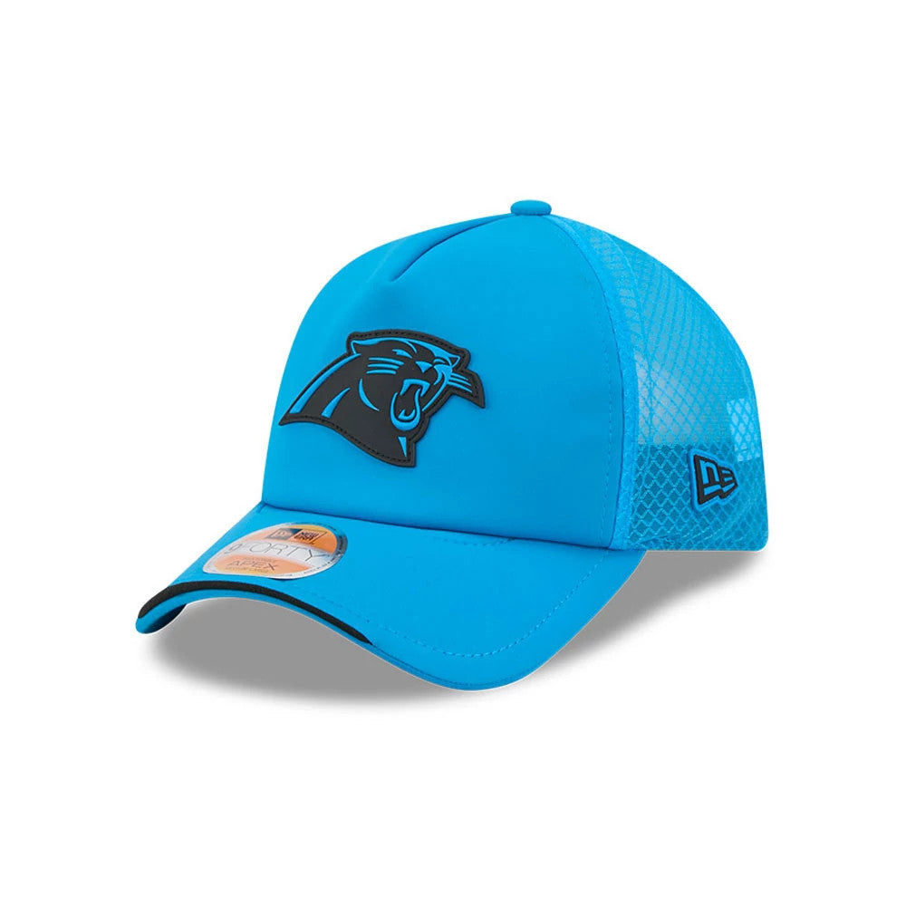 Carolina Panthers NFL Sideline 2026 Blue New Era 9FORTY Apex Adjustable Cap, front view showing the black and blue embroidered team logo on the front panel, blue mesh side panels, and a 9FORTY size sticker on the slightly curved visor.