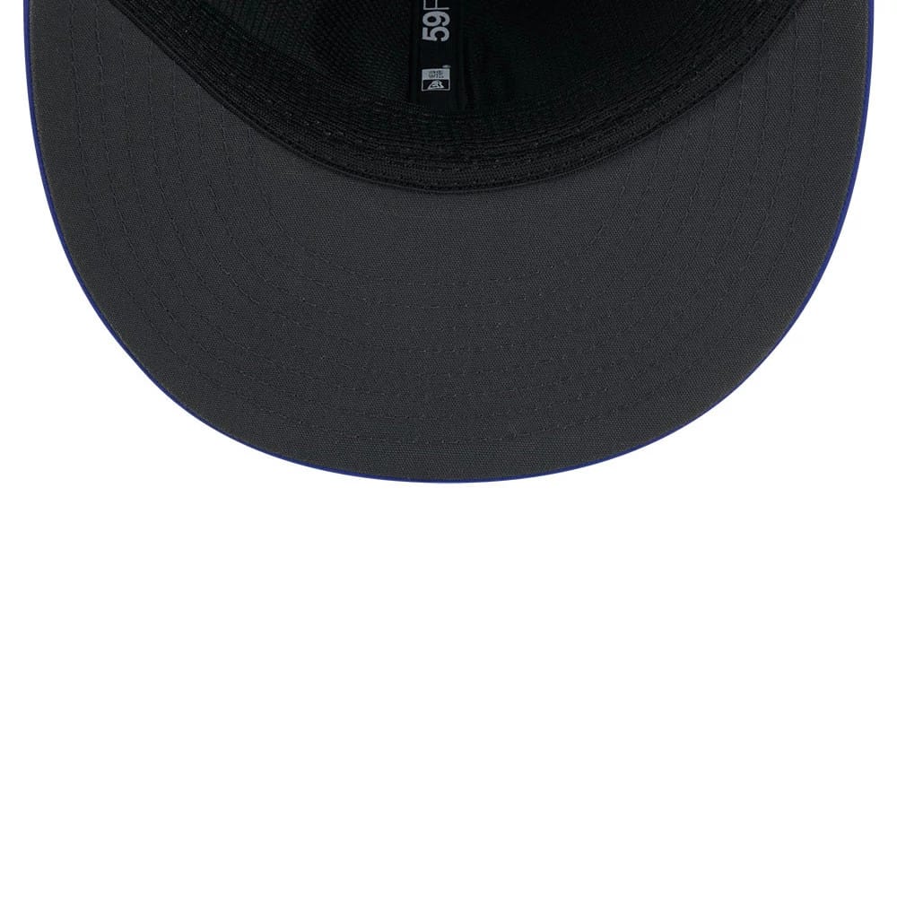 Seattle Seahawks NFL Sideline 2026 Blue New Era 59FIFTY Fitted Cap, inside view showing a darker undervisor, the black internal sweatband with 59FIFTY printed in white, and the size details on a small black tag.