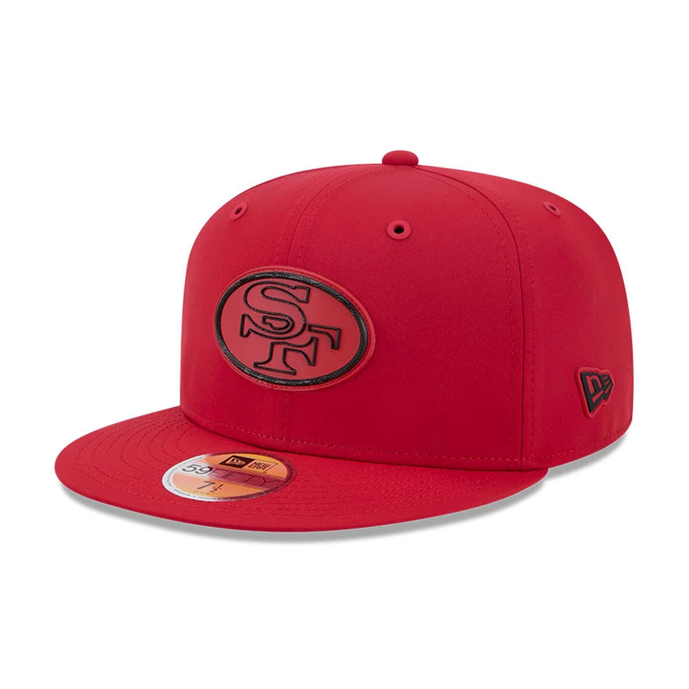 San Francisco 49ers NFL Sideline 2026 Red New Era 59FIFTY Fitted Cap, three-quarter view showing the raised black and red SF logo on the front panel, the flat red visor with a gold 59FIFTY size sticker, and the New Era flag logo on the left side.