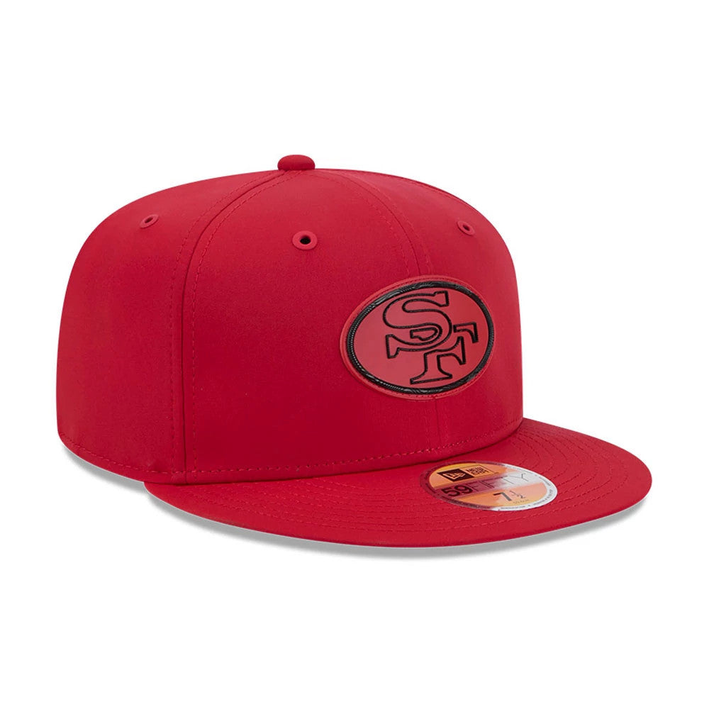 San Francisco 49ers NFL Sideline 2026 Red New Era 59FIFTY Fitted Cap, front view showing the raised embroidered SF logo in black and red on the front panel, with a flat red visor and gold 59FIFTY size sticker on the visor.