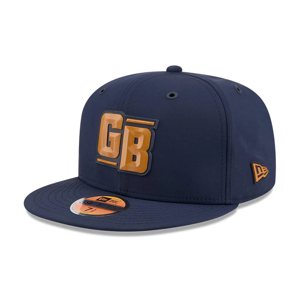 Green Bay Packers NFL Sideline 2026 Dark Blue New Era 59FIFTY Fitted Cap, front view showing the raised orange GB logo on the front panel, a dark blue flat visor with a 59FIFTY size sticker, and the New Era flag logo on the left side.