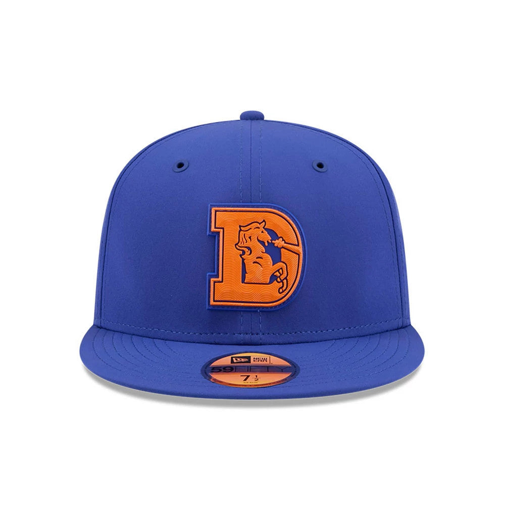 Denver Broncos NFL Sideline 2026 Blue New Era 59FIFTY Fitted Cap, front view showing an orange raised embroidered D logo with a bronco on the blue structured crown, complemented by a matching flat visor and a gold 59FIFTY size sticker.