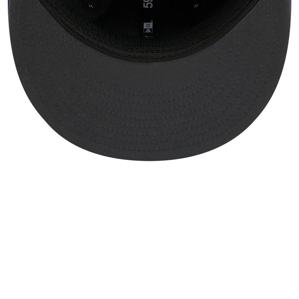 Denver Broncos NFL Sideline 2026 Blue New Era 59FIFTY Fitted Cap, inside view showing a black undervisor with stitching, the New Era logo on the inner sweatband, and 59FIFTY branding along the inner taping.