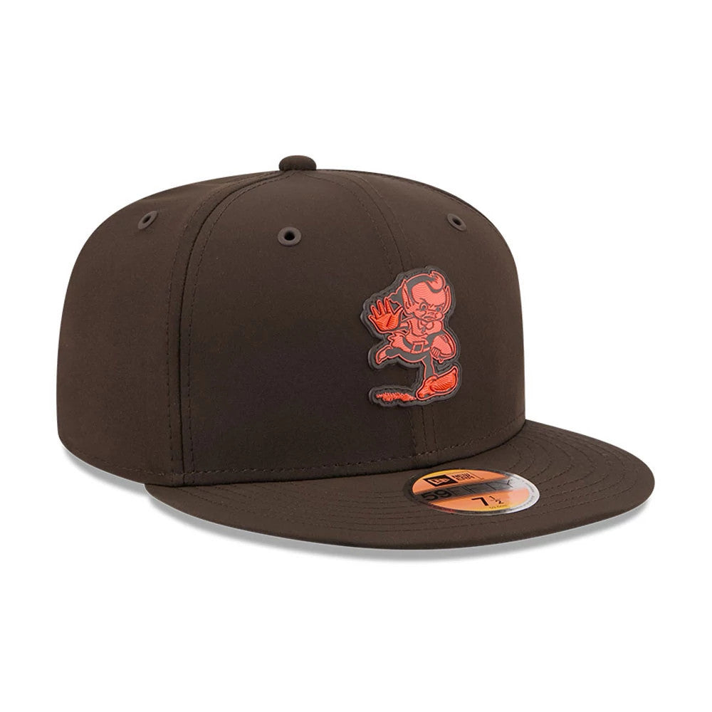 Cleveland Browns NFL Sideline 2026 Dark Brown New Era 59FIFTY Fitted Cap, front view showing the raised orange mascot logo on the front panels, a flat dark brown visor, and a gold 59FIFTY size sticker on the visor.