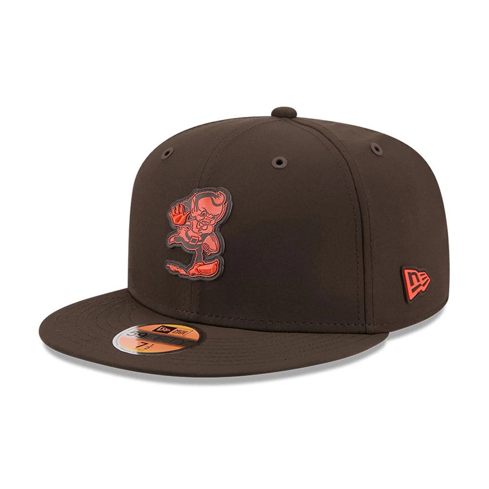 Cleveland Browns NFL Sideline 2026 Dark Brown New Era 59FIFTY Fitted Cap, three-quarter view showing a raised orange mascot logo on the front panel, a dark brown flat visor with a gold 59FIFTY size sticker.