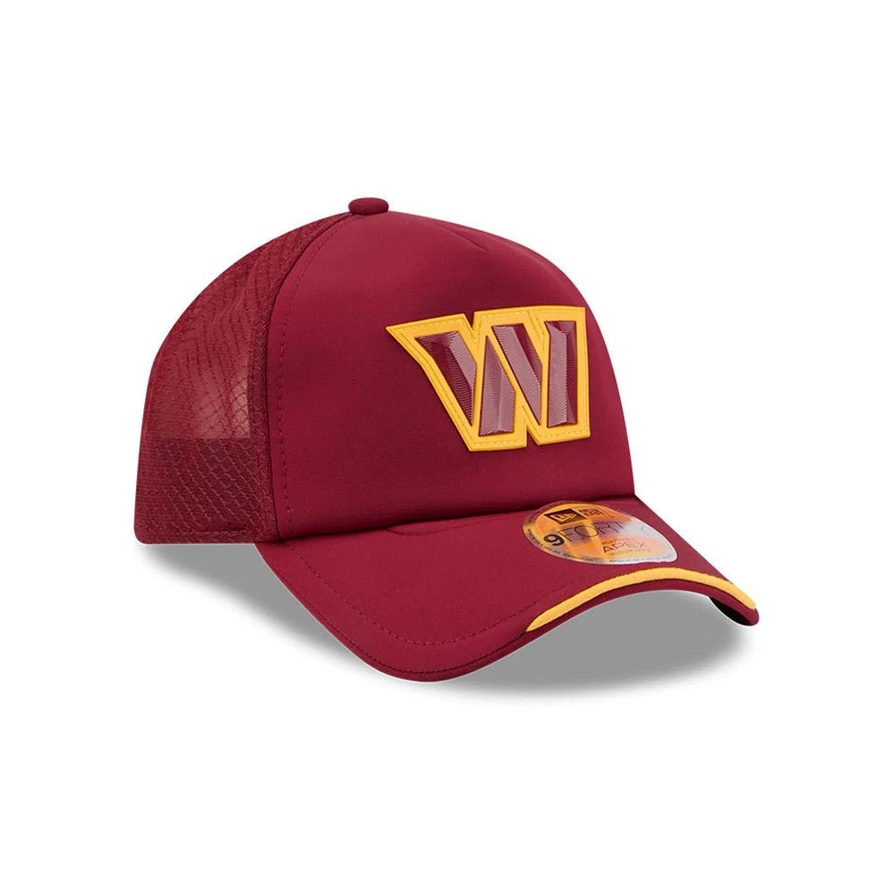 Commanders NFL Sideline 2026 Dark Red New Era 9FORTY Apex Adjustable Cap, three-quarter view showing a large yellow-outlined W logo on the structured front panel, dark red mesh side panels, and a 9FORTY size sticker on the slightly curved visor.