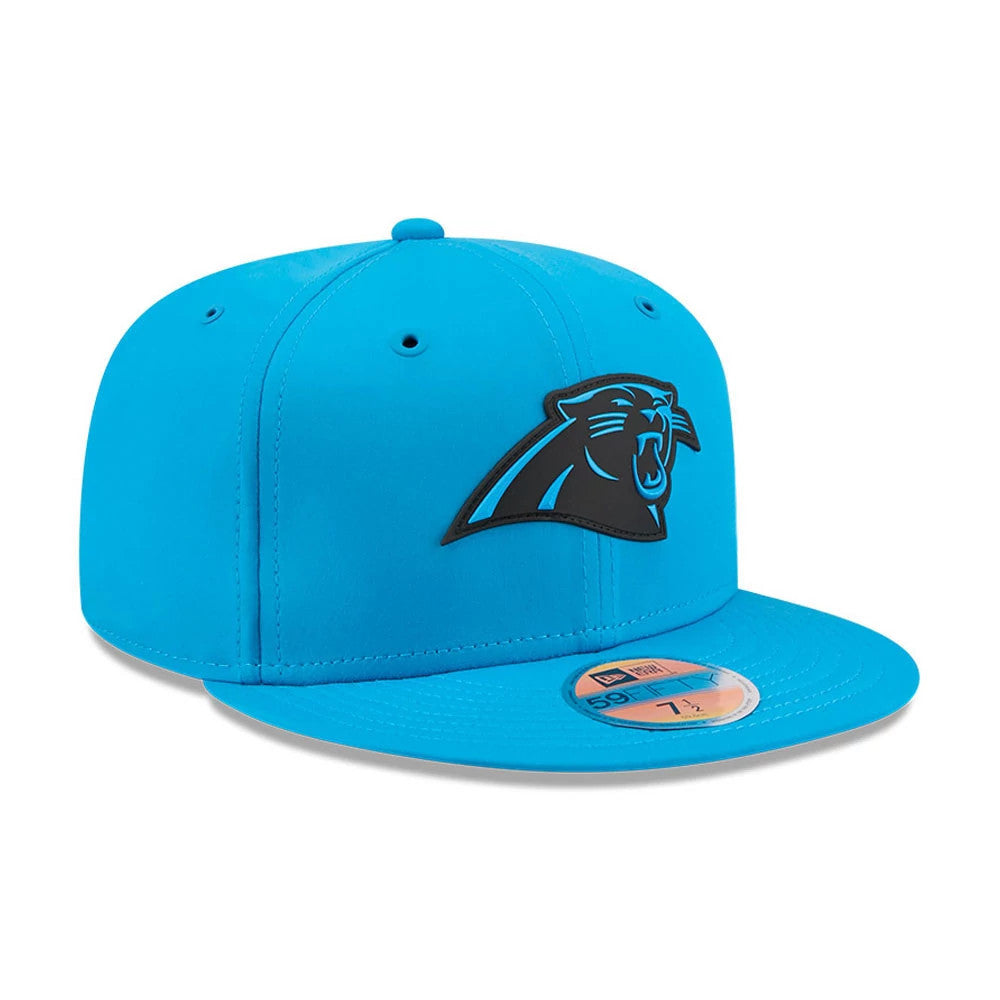 Carolina Panthers NFL Sideline 2026 Blue New Era 59FIFTY Fitted Cap, front view showing the raised black and blue Panthers logo embroidered on the front panel, with a flat blue visor and a gold 59FIFTY size sticker centrally placed.