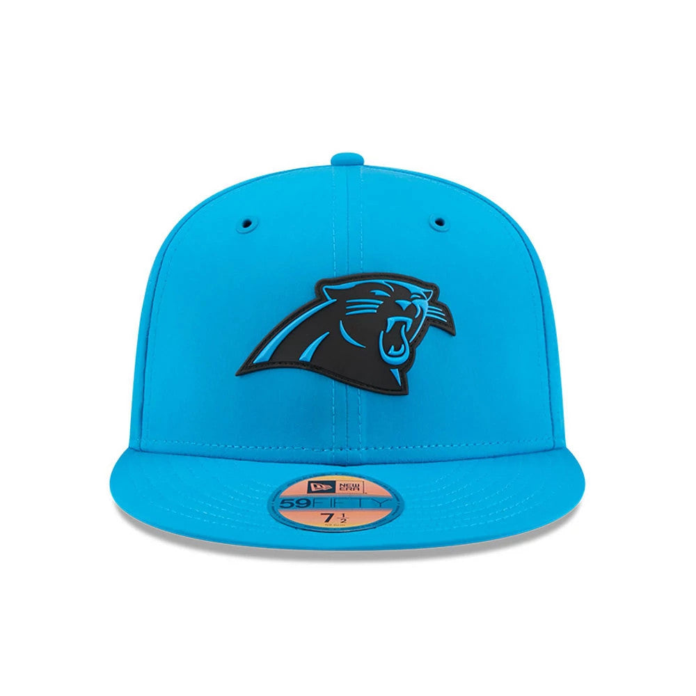 Carolina Panthers NFL Sideline 2026 Blue New Era 59FIFTY Fitted Cap, front view showing the prominently raised black and blue Panther logo on the structured blue crown, with a matching blue flat visor and a gold 59FIFTY size sticker.