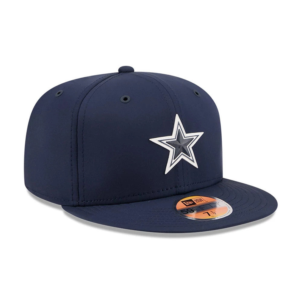 Dallas Cowboys NFL Sideline 2026 Dark Blue New Era 59FIFTY Fitted Cap, three-quarter view showing the white embroidered star logo on the front panel, a flat dark blue visor, and a gold 59FIFTY size sticker on the visor.
