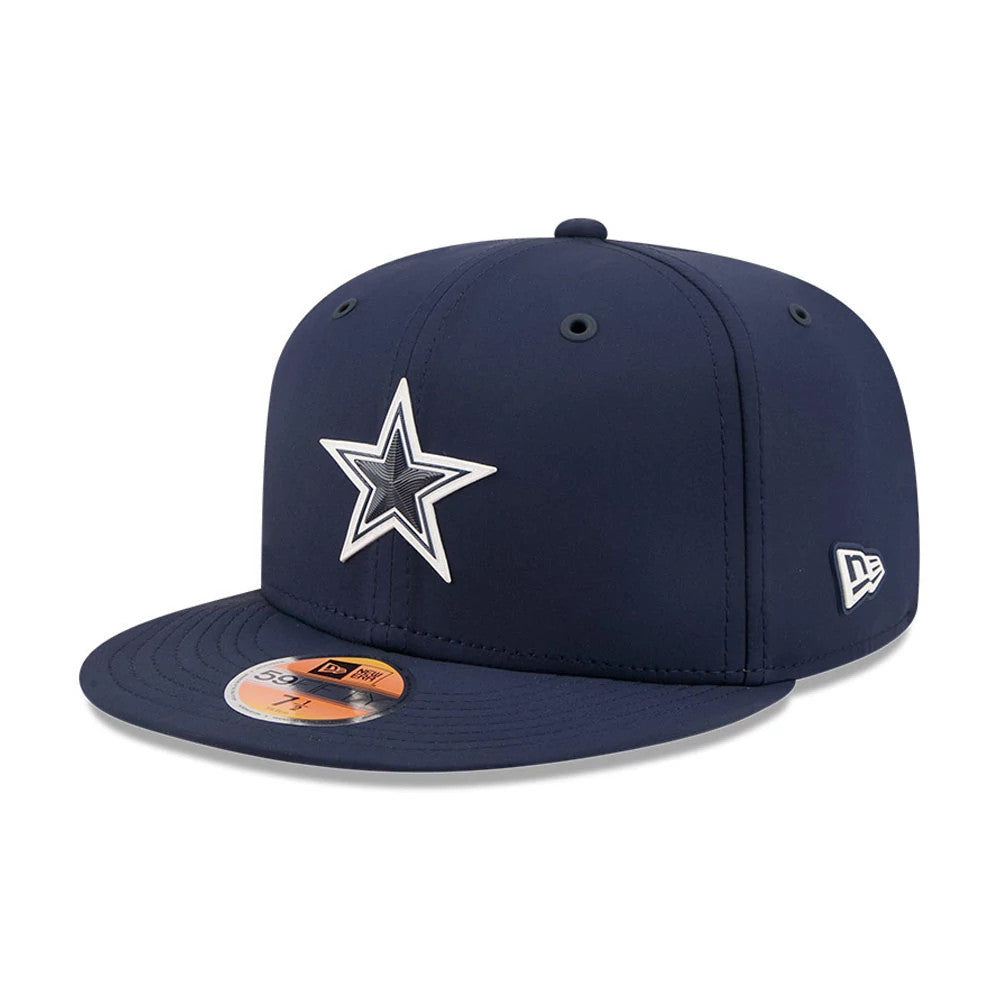 Dallas Cowboys NFL Sideline 2026 Dark Blue New Era 59FIFTY Fitted Cap, front view showing the raised embroidered star logo on the front panel, dark blue flat visor with 59FIFTY size sticker, and white New Era flag logo on the left side.