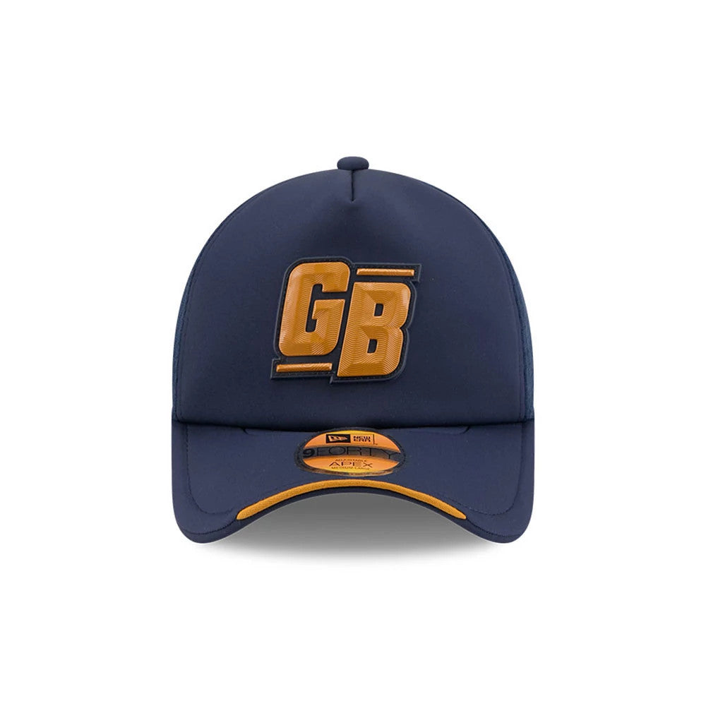 Green Bay Packers NFL Sideline 2026 Dark Blue New Era 9FORTY Apex Adjustable Cap, front view showing a raised gold GB logo on the dark blue crown, with a matching dark blue visor and an NFL Apex sticker at the centre.