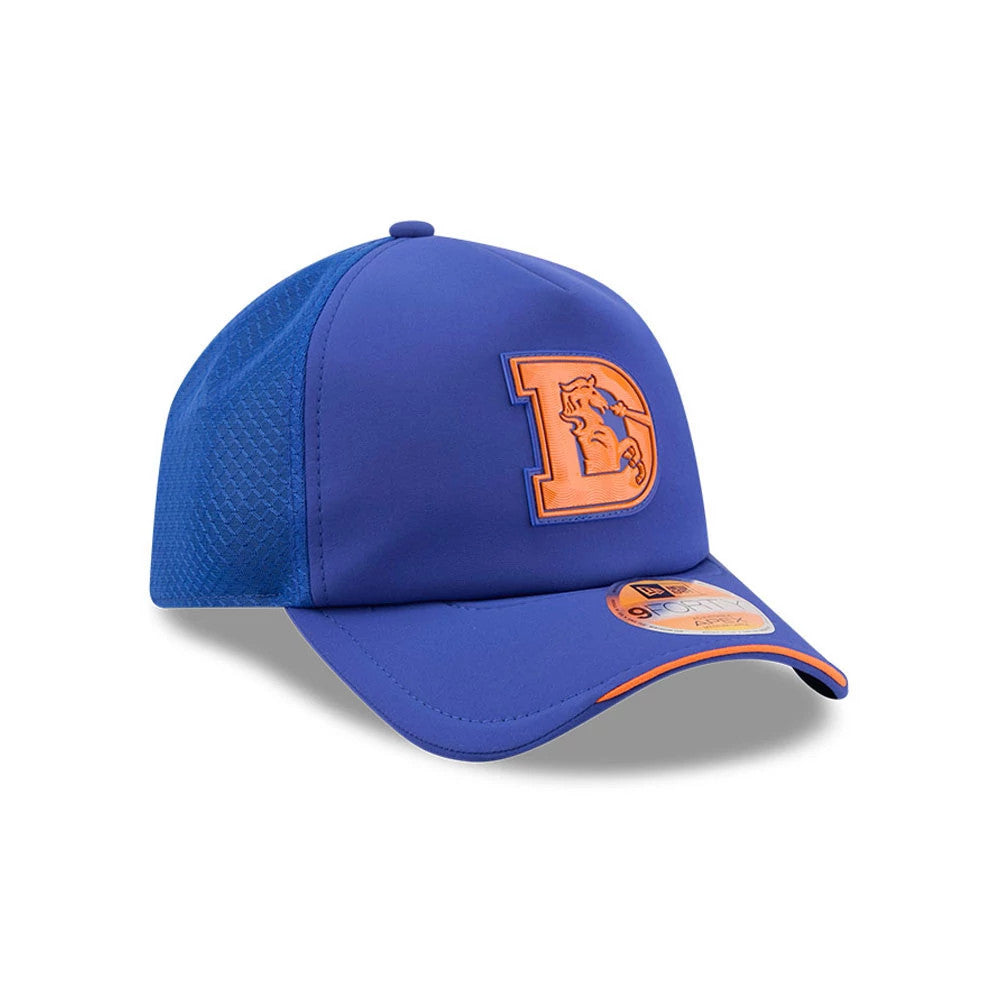 Denver Broncos NFL Sideline 2026 Blue New Era 9FORTY Apex Adjustable Cap, three-quarter view showing the raised orange retro D logo with a bronco on the front panel, a curved blue visor with an orange edge, and a 9FORTY size sticker.