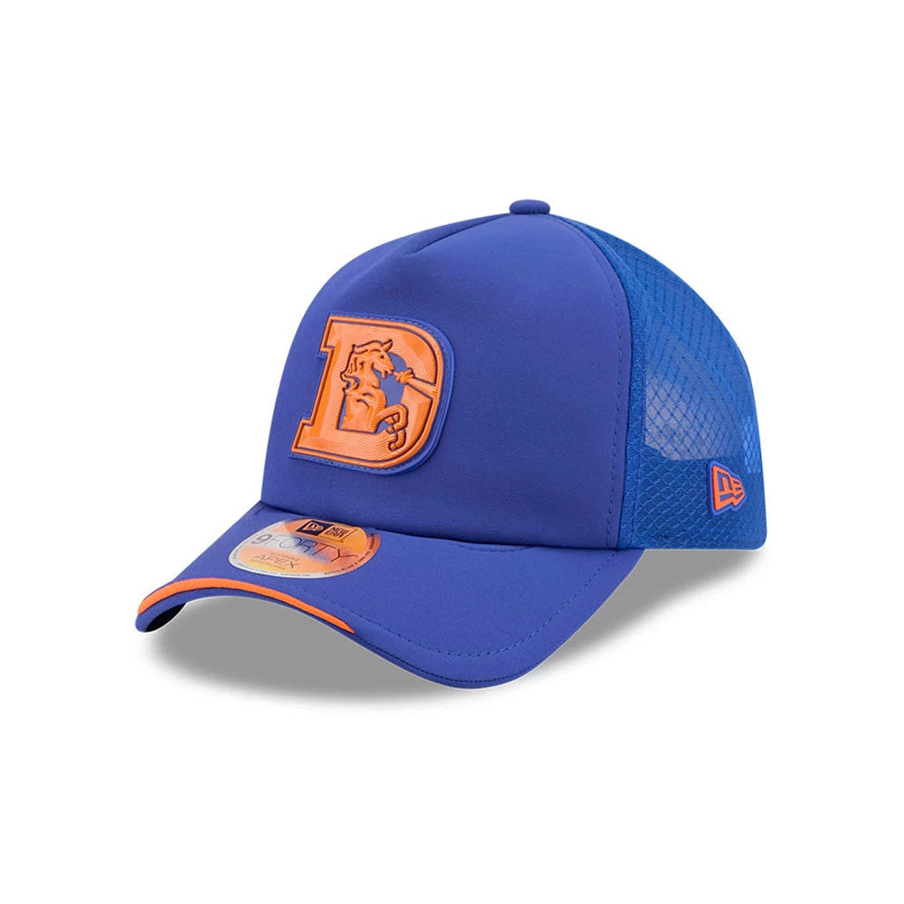 Denver Broncos NFL Sideline 2026 Blue New Era 9FORTY Apex Adjustable Cap, three-quarter view showing the raised orange Denver Broncos logo on the front panel, mesh back panels, and the 9FORTY size sticker on the curved blue visor.