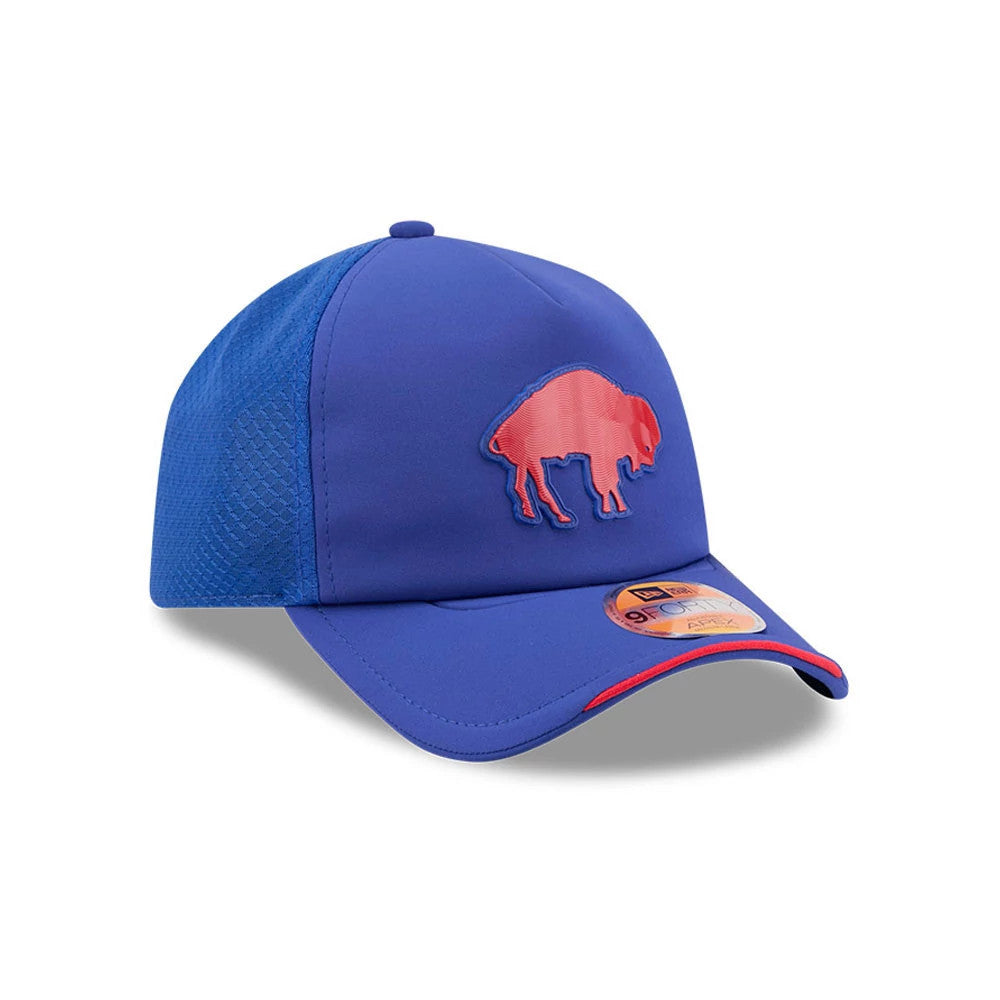 Buffalo Bills NFL Sideline 2026 Blue New Era 9FORTY Apex Adjustable Cap, three-quarter view showing a raised red buffalo logo embroidered on the front panel, a curved blue visor with a 9FORTY size sticker, and blue mesh side panels.