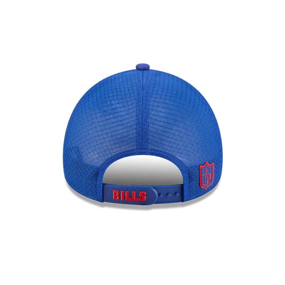 Buffalo Bills NFL Sideline 2026 Blue New Era 9FORTY Apex Adjustable Cap, rear view showing the red embroidered BILLS lettering on the adjustable snapback strap, with a raised NFL shield logo on the lower right panel.