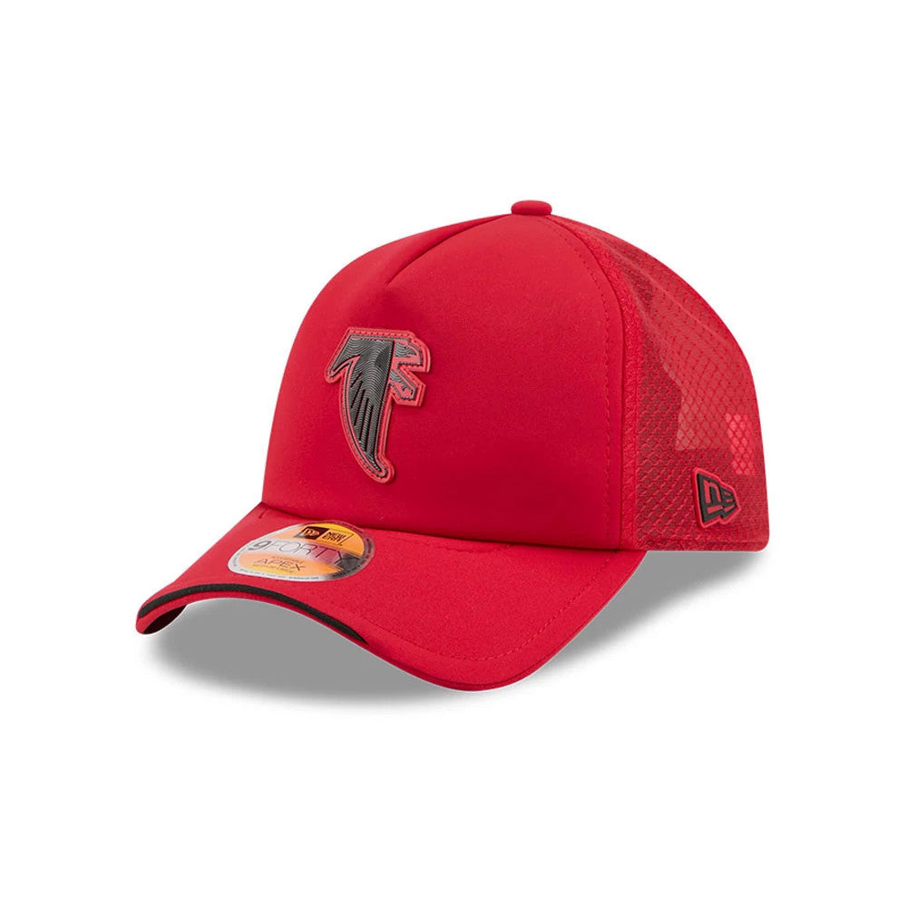 Atlanta Falcons NFL Sideline 2026 Red New Era 9FORTY Apex Adjustable Cap, three-quarter view showing the raised black and red embroidered Falcon logo on the front panel, with a matching red mesh side and a 9FORTY size sticker on the visor.