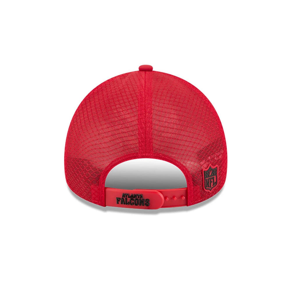Atlanta Falcons NFL Sideline 2026 Red New Era 9FORTY Apex Adjustable Cap, rear view showing the black embroidered Atlanta Falcons logo on the red adjustable snap closure, with a black NFL shield patch on the lower right panel.