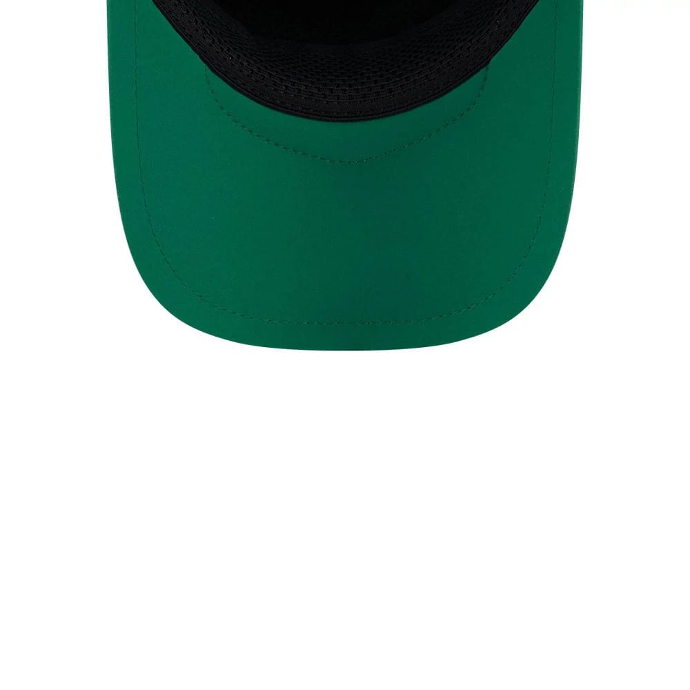Philadelphia Eagles NFL Sideline 2026 Green New Era 9FORTY Apex Adjustable Cap, inside view showing the black sweatband lining the edge of the structured green crown, with stitching and a matching green undervisor.