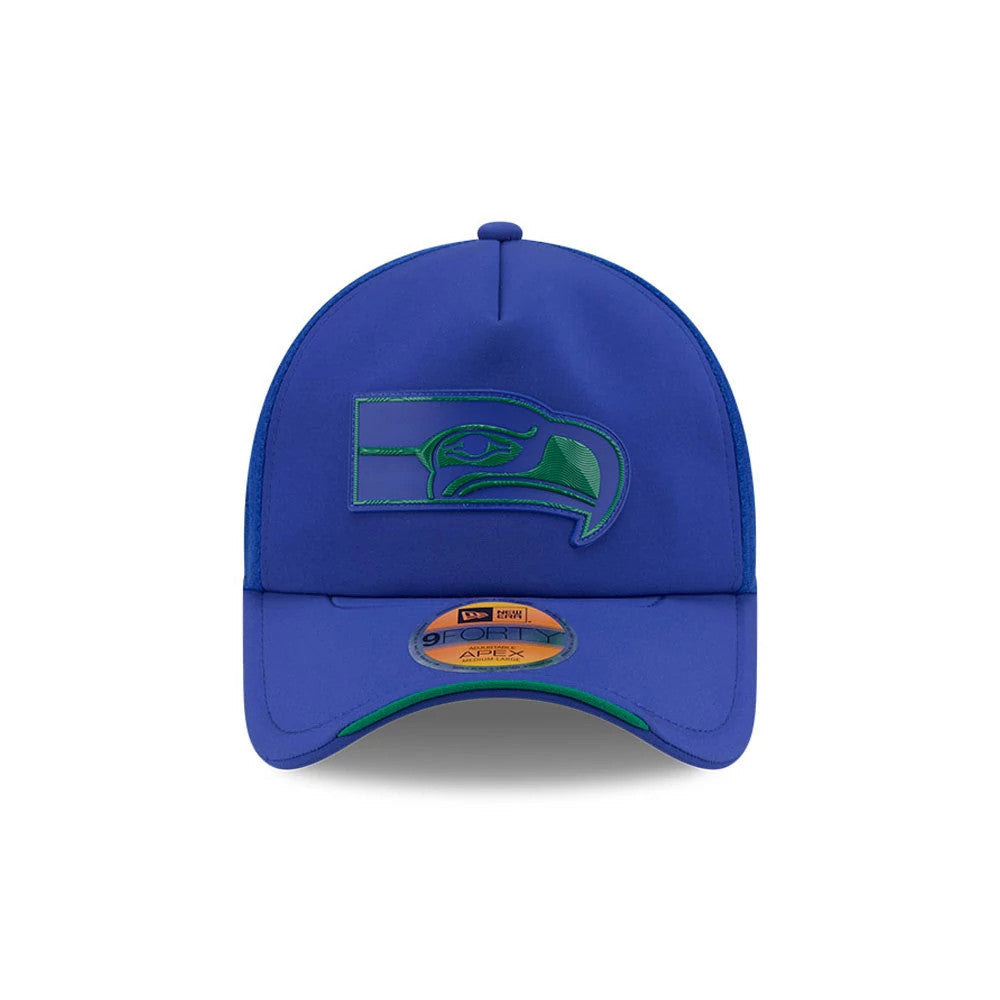 Pictured is this NFL Sideline 2026 Seattle Seahawks 9FORTY Apex cap in blue. 2