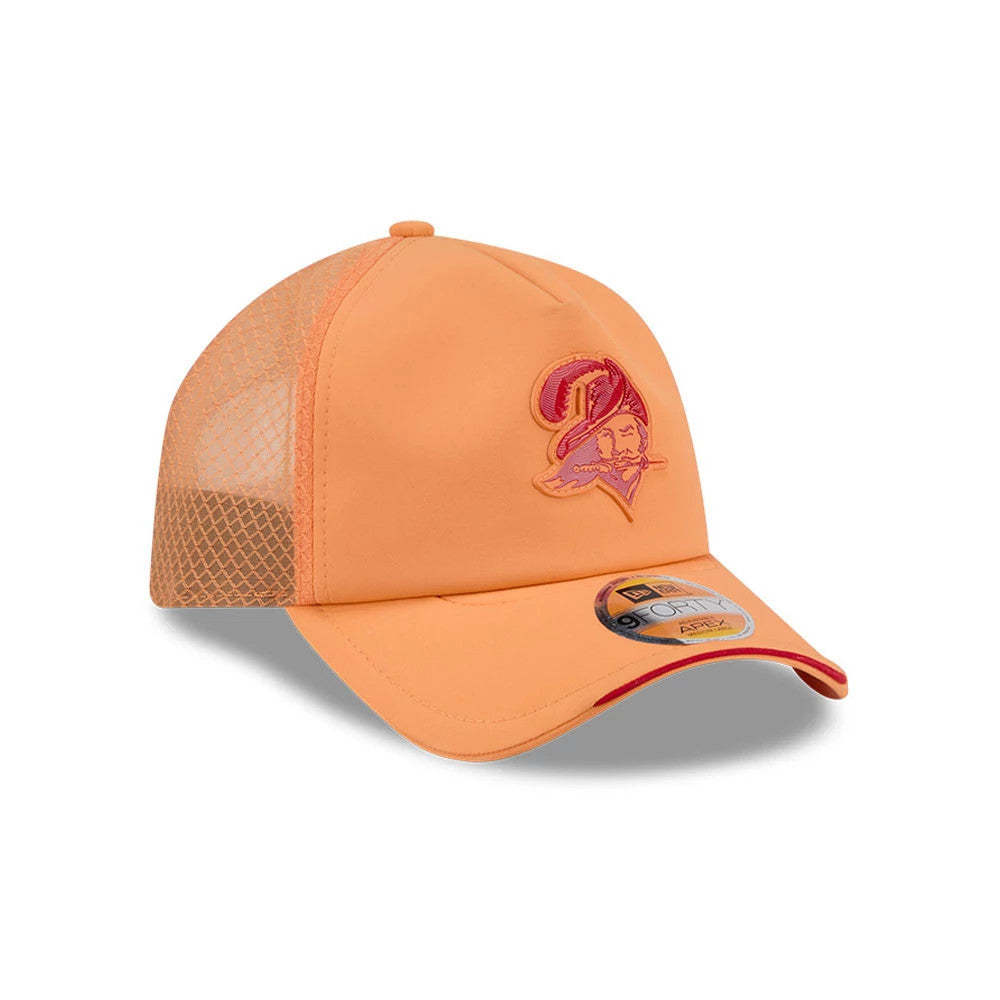 Tampa Bay Buccaneers NFL Sideline 2026 Orange New Era 9FORTY Apex Adjustable Cap, three-quarter view showing the embroidered pink Buccaneers logo on the front panel, with a mesh back and an orange curved visor with a 9FORTY size sticker.