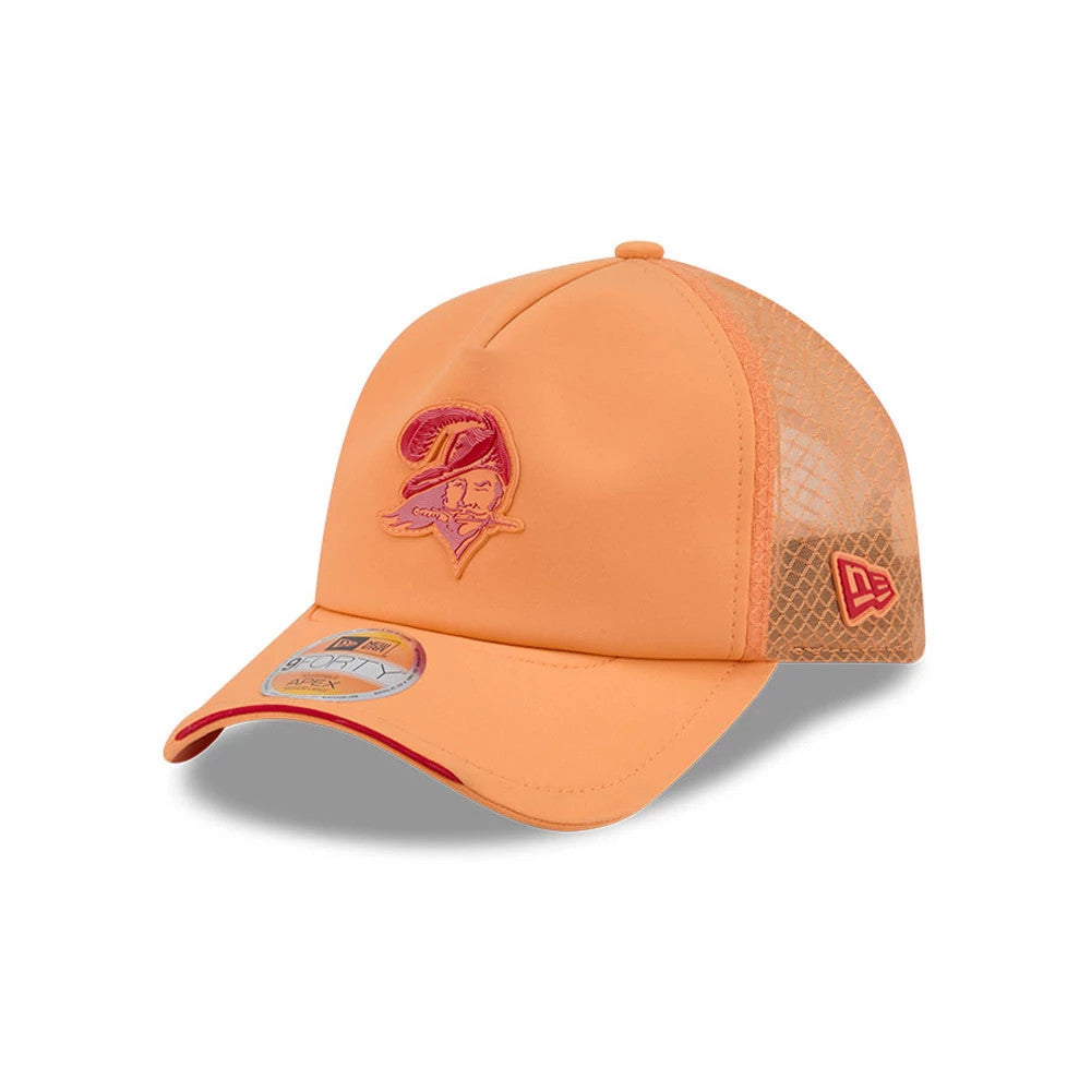 Tampa Bay Buccaneers NFL Sideline 2026 Orange New Era 9FORTY Apex Adjustable Cap, three-quarter view showing the raised embroidery buccaneer logo on the front panel, orange mesh sides, orange crown.