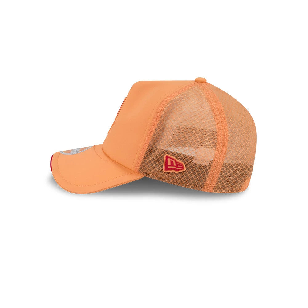 Tampa Bay Buccaneers NFL Sideline 2026 Orange New Era 9FORTY Apex Adjustable Cap, side view showing the red New Era flag logo on the orange mesh back panels, a structured orange crown, and a slightly curved visor with stitching.