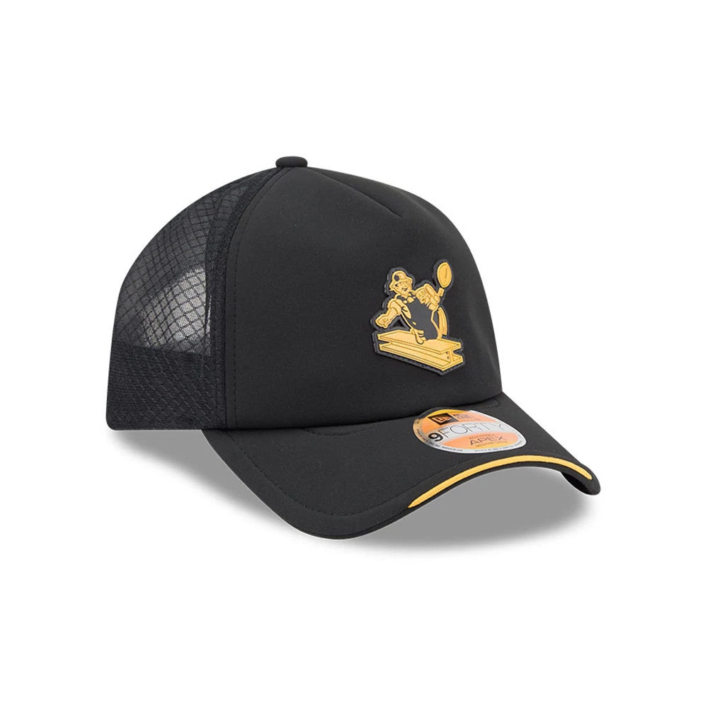 Pittsburgh Steelers NFL Sideline 2026 Black New Era 9FORTY Apex Adjustable Cap, three-quarter view showing a yellow embroidered team logo on the front panel, mesh side panels, and a black curved visor with contrast gold edge.