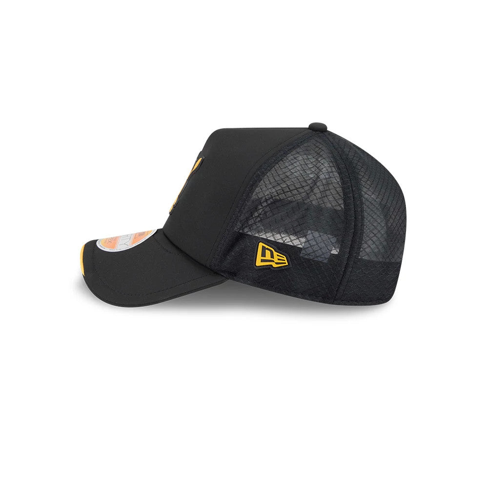Pittsburgh Steelers NFL Sideline 2026 Black New Era 9FORTY Apex Adjustable Cap, side view showing the yellow embroidered New Era flag logo on the mesh back panels, a curved black visor with a size sticker, and a structured black front crown.
