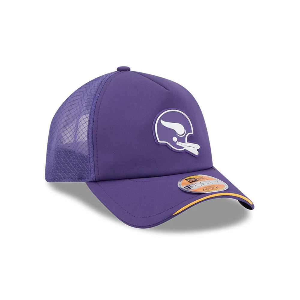 Minnesota Vikings NFL Sideline 2026 Purple New Era 9FORTY Apex Adjustable Cap, three-quarter view showing the raised white team logo on the front panel, with a curved visor featuring a 9FORTY size sticker and purple mesh back panels.