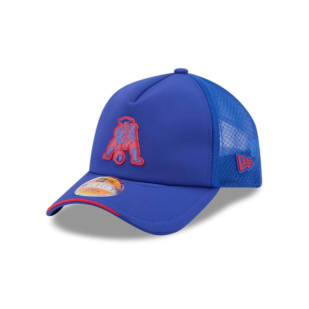 New England Patriots NFL Sideline 2026 Blue New Era 9FORTY Apex Adjustable Cap, three-quarter view showing a red embroidered team logo on the front panel, a curved blue visor with a 9FORTY size sticker, and a textured mesh pattern on the side.